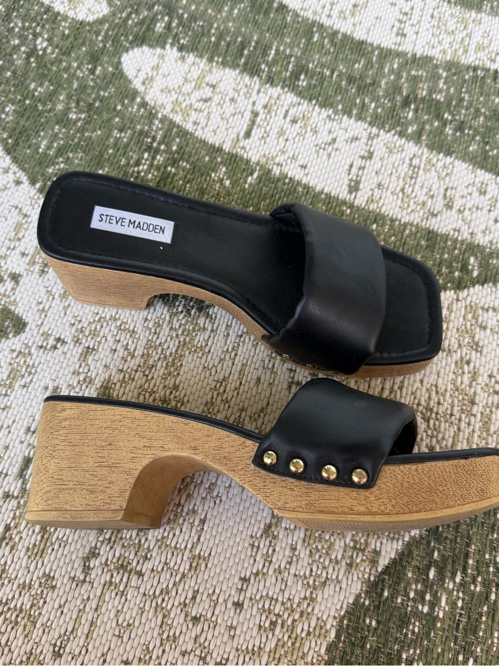 Steve Madden Black Leather Slide Mules with Wood-Look Block Heel